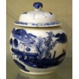 A Chinese blue and white jar with cover, decorated with two figures on a bridge, 14cm high approx.