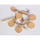 A 9ct gold charm bracelet with gold coloured charms, four Sovereigns dated 1888, 1892, 1898, 1899
