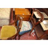 A Victorian rosewood balloon back dining chair and Edwardian and inlaid chair, bedside chest, and an