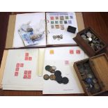 A mixed lot to include assorted coins, foreign bank notes and two albums of stamps