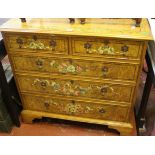 A polychrome decorated and burr elm chest in George III style with two short and three long