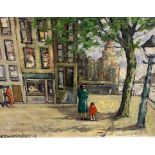 French School (20th Century)Figures over looking city riverOil on canvasSigned indistinctly39cm x