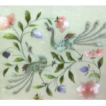 A silkwork picture of peacocks amongst flowers with butterfly, 52cm x 52cm and a quantity of