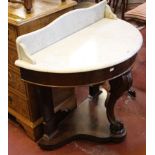 A 19th Century marble topped demi-lune table 91cm wide and set of four Victorian mahogany balloon