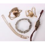 A 9ct gold locket on gold coloured chain, a wristwatch with 9ct gold case (AF) and costume