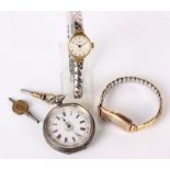 A silver fob watch, a ladies wristwatch and another (3)