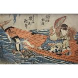 Japanese woodblock print, two figures, 38cm x 25.5cm and another woodblock print of a warrior,