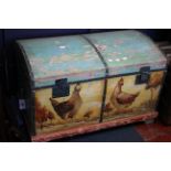 A painted trunk adorned with hens 87cm wide