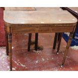 A Regency mahogany and crossbanded card table on ring turned legs 90cm wide