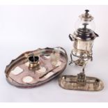 Silver plate; A galleried tray, pen tray, sugar bowl, table coffee percolator, etc