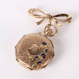 A 9ct gold fob watch with floral enamel detail to reverse (worn), attached to a 9ct gold bow brooch