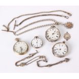 Three silver pocket watches, a silver plated pocket watch, two wristwatches and chains