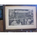 Two large prints, scene of London, 62cm x 172cm and a group scene, 81cm x 112cm (2)