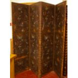 A painted and embossed leather four fold room screen, 19th century, each panel 198cm high, 61cm