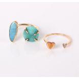 A gold and turquoise coloured two stone ring, marked 585 and a modern 18ct gold ring (2)