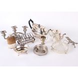 Silver plate; A boxed set of fish knives and forks, flatware, toast rack, teapots, tankard, etc.