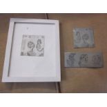 Two etching plates, a booklet 'Jesus Flagele' and a framed etching