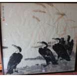 Chinese School Four cormorants beside a lakeWatercolour and washSigned upper left101cm x