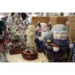 Chinese Artefacts, a group of Deities, two wise men, a root carving of a monkey, three wicker