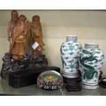 A pair of Chinese small famille verte vases, various stands, a paperweight and other items