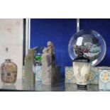 Chinese scent bottles, jade carvings and glass sphere with printed interior