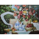 20th Century SchoolStill-life with flowers and fruitOil on canvas boardSigned P.Mozart ()90cm x