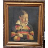 J.F. Richardson (early 20th Century)Portrait of a boy in a rugby shirtOil on canvasSigned lower