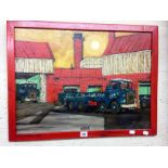 John Brown (Bristol, Contemporary)'Lorries in the Station'Oil on board Signed45.5cm x 61cm