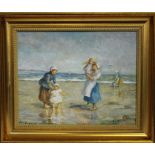 M.J. RendallBeach scene with figuresA pair, oil on boardEach 18.5cm x 20.5cm (2)