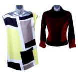 A Bit Art chenille and corduroy purple and red jumper; with an Oasis geometric yellow, black and