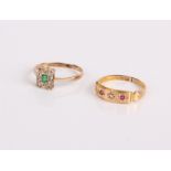 A 9ct gold Art Deco style, emerald and diamond cluster ring and a 15ct gold ring (2)