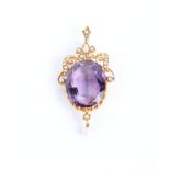 A gold, amethyst and seed pearl pendant, floral decorated, (gold unmarked), 14.3g in total
