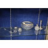 Two pairs of glass servers, one pair with silver mounts, a glass and EPNS bowl, a silver candlestick