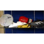 A mixed lot of boxing glove, drum skin and foot ball boots, signed indistinctly foot ball boots Paul