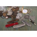 An Adolphus Busch pocket knife, other pen knives, enamel badge and coins