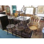 A set of three bentwood chairs, a similar chair, childs chair and wicker armchair