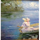 20th Century School Girl in fishing boat on estuaryOil on canvasUnsigned60cm x 49cm