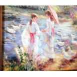 20th Century SchoolGirls by river with ducksOil on boardUnsigned19cm x 24cm