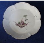 A late 18 Century porcelain dish, decorated with female figure and leaf sprays, ozier moulded