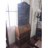 A walnut and inlaid bureau bookcase 180cm high, 65cm wide