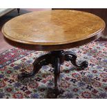 A Victorian walnut look table with oval top on scrolled legs 143cm wide