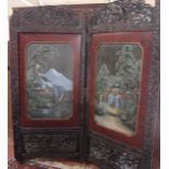 A Japanese two fold lacquer screen each carved panel inset with polychrome decorated scene 196cm