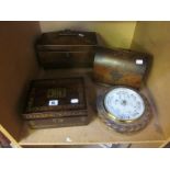 A sarcophagus tea caddy, a domed box, a jewellery box and a circular barometer (4)