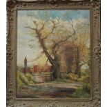 Alwyn Crawshaw (b. 1934)A tree lined country roadOil on canvas boardSigned59cm x 49cm