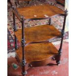 A Victorian walnut and inlaid davenport 92cm high, 61cm wide and a three tier walnut whatnot with