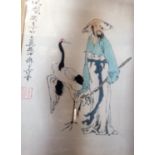 An Oriental print of a man with crane, 33cmx 24cm