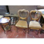 A burr walnut corner cupboard and a pair of Victorian mahogany balloon back chairs and an oak