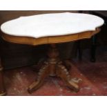 A 19th Century variegated marble top centre table on carved base and splayed legs 73cm high, 110cm