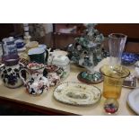 A mixed lot of decorative china and glassware and a table lamp