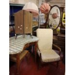 An Edwardian mahogany and inlaid dressing table, triple plate mirror, kidney shaped table and stool,